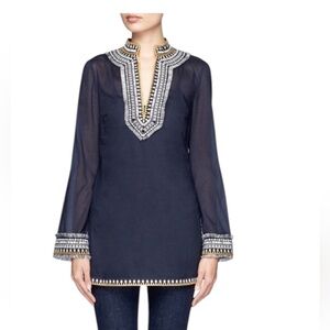 Tory Burch Embroidered Blue Cotton Tunic Size 0 Boho Fringe Trim